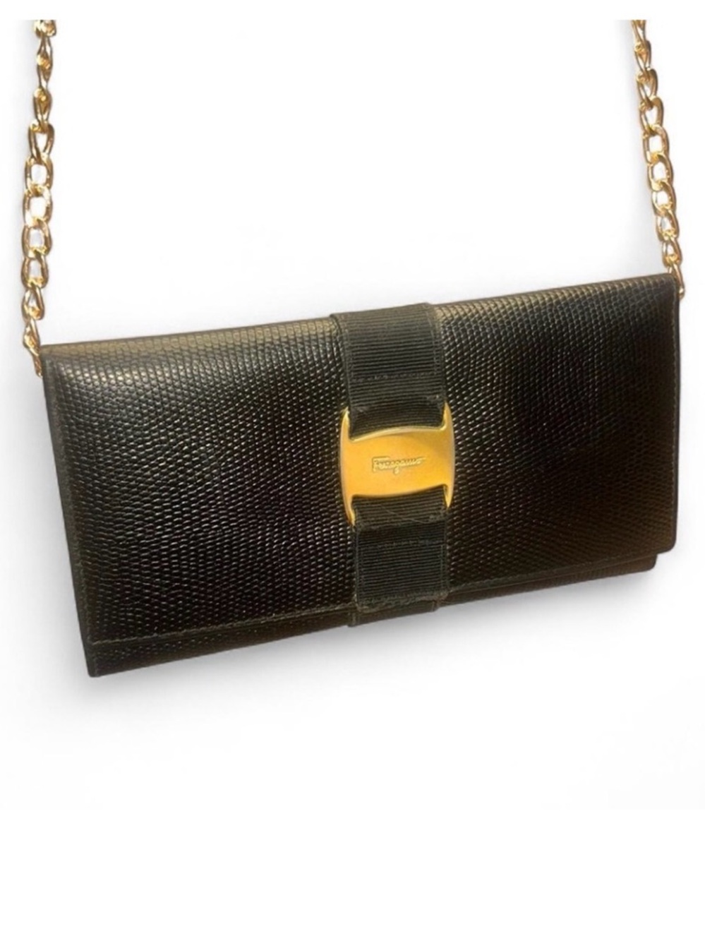 Salvatore Ferragamo Vara Bow Continental Wallet Black Textured Leather Clutch